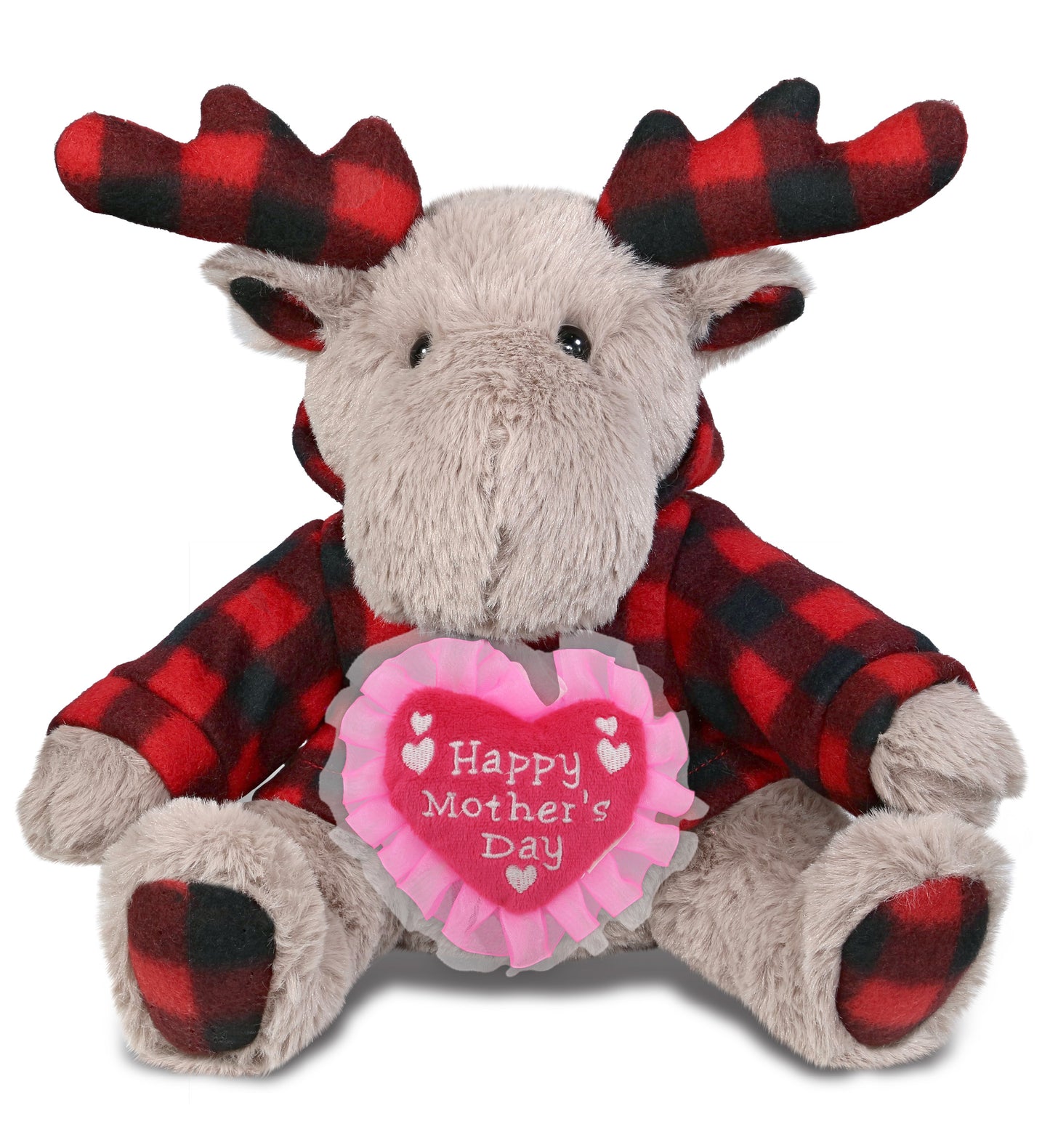 PLUSH MOTHERS DAY HEART - SUPER SOFT PLUSH - PLAID BEIGE MOOSE WITH HOODIE