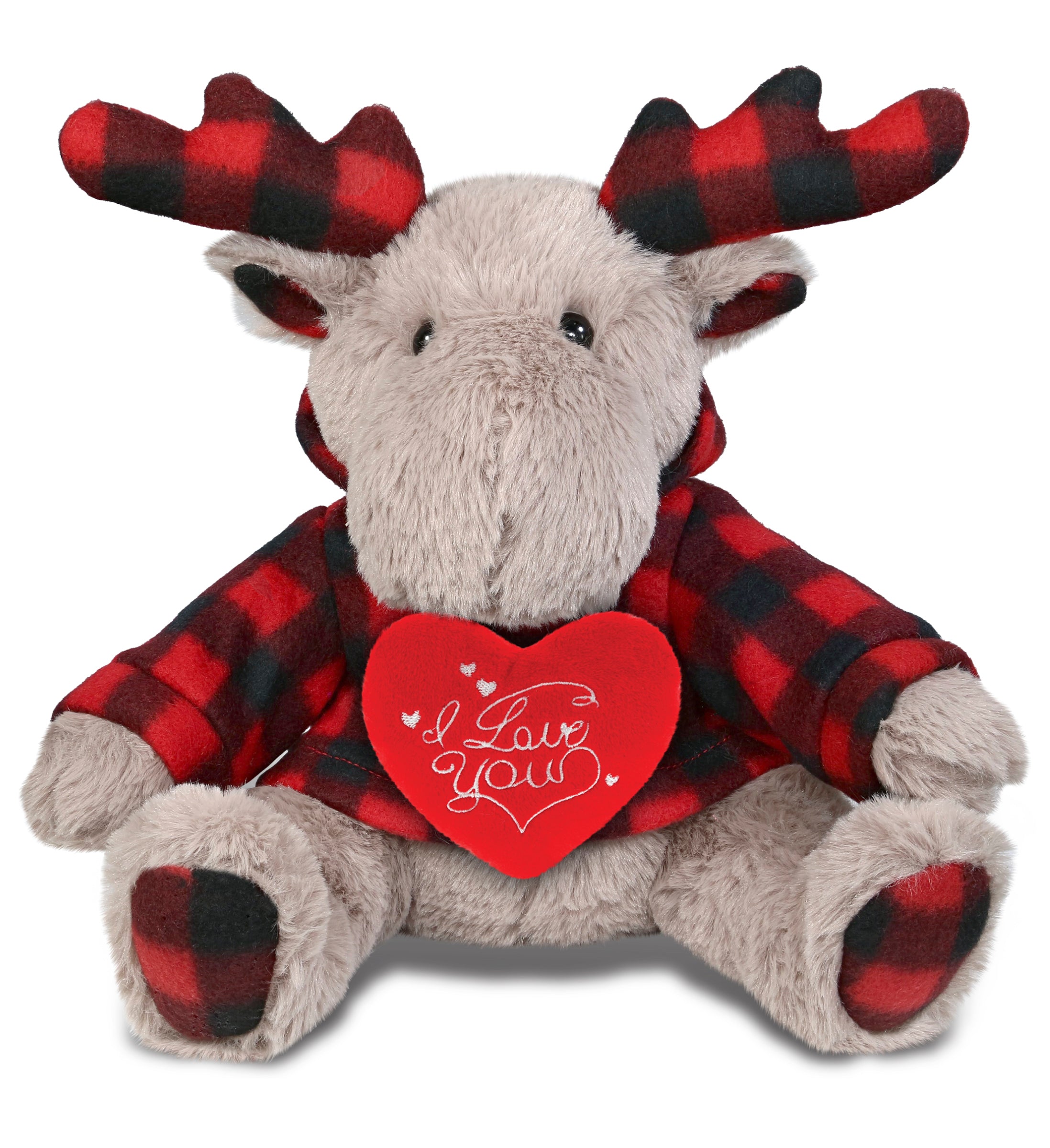 PLUSH I LOVE YOU RED HEART - SUPER SOFT PLUSH - PLAID BEIGE MOOSE WITH HOODIE