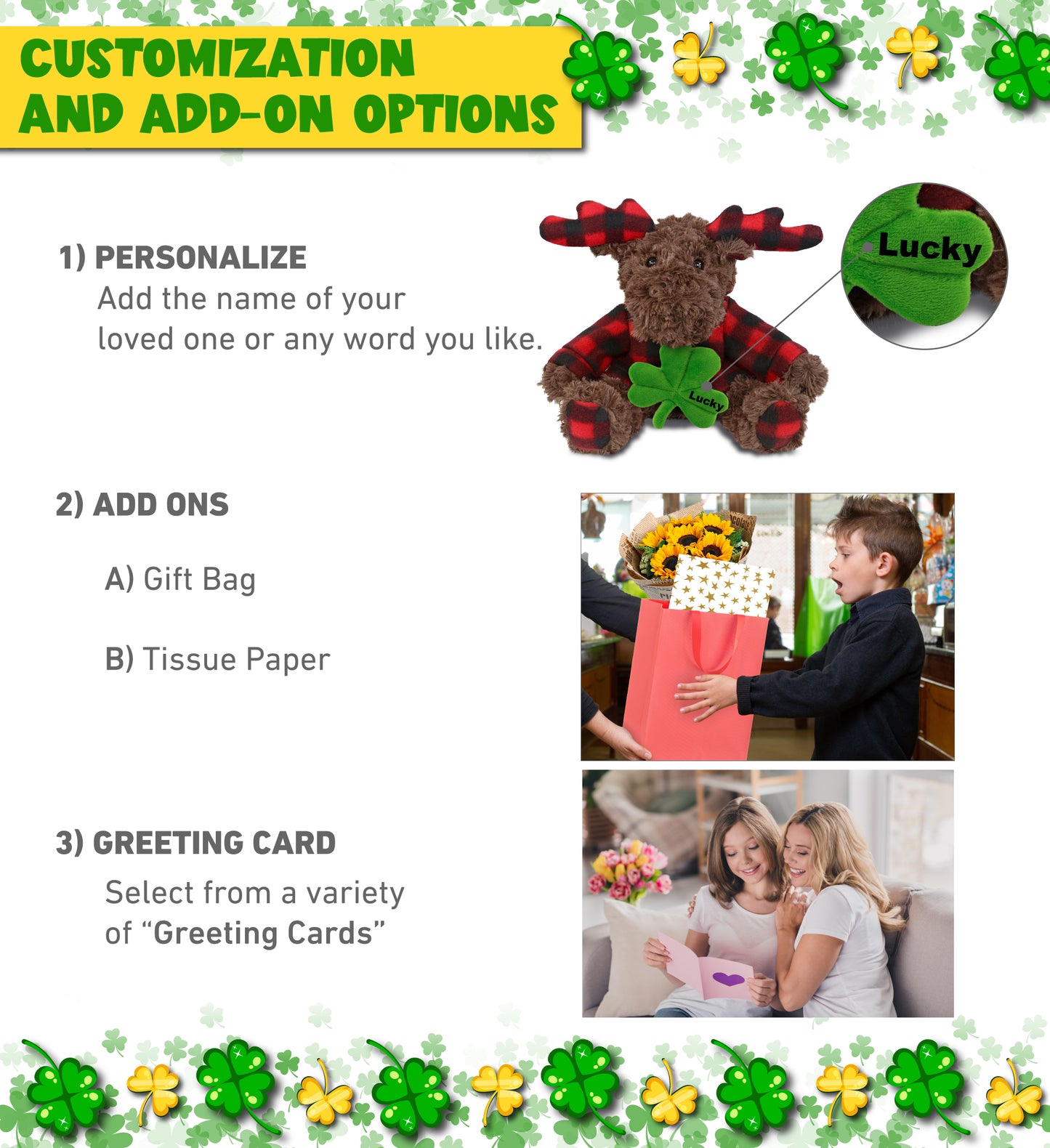 DolliBu Curly Moose with Red Plaid Hoodie with Green Plush Shamrock - 10 Inches