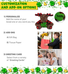 DolliBu Curly Moose with Red Plaid Hoodie with Green Plush Shamrock - 10 Inches