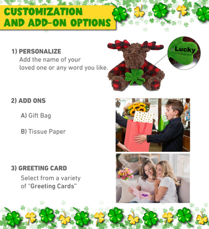 DolliBu Curly Moose with Red Plaid Hoodie with Green Plush Shamrock - 10 Inches