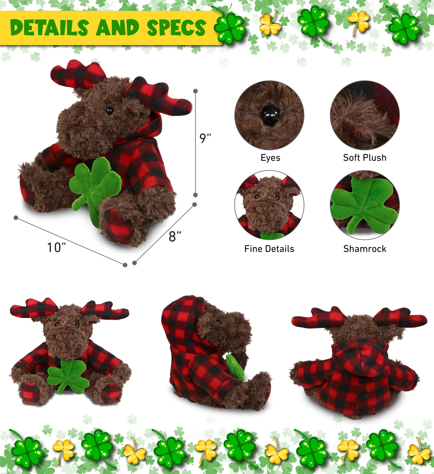 DolliBu Curly Moose with Red Plaid Hoodie with Green Plush Shamrock - 10 Inches