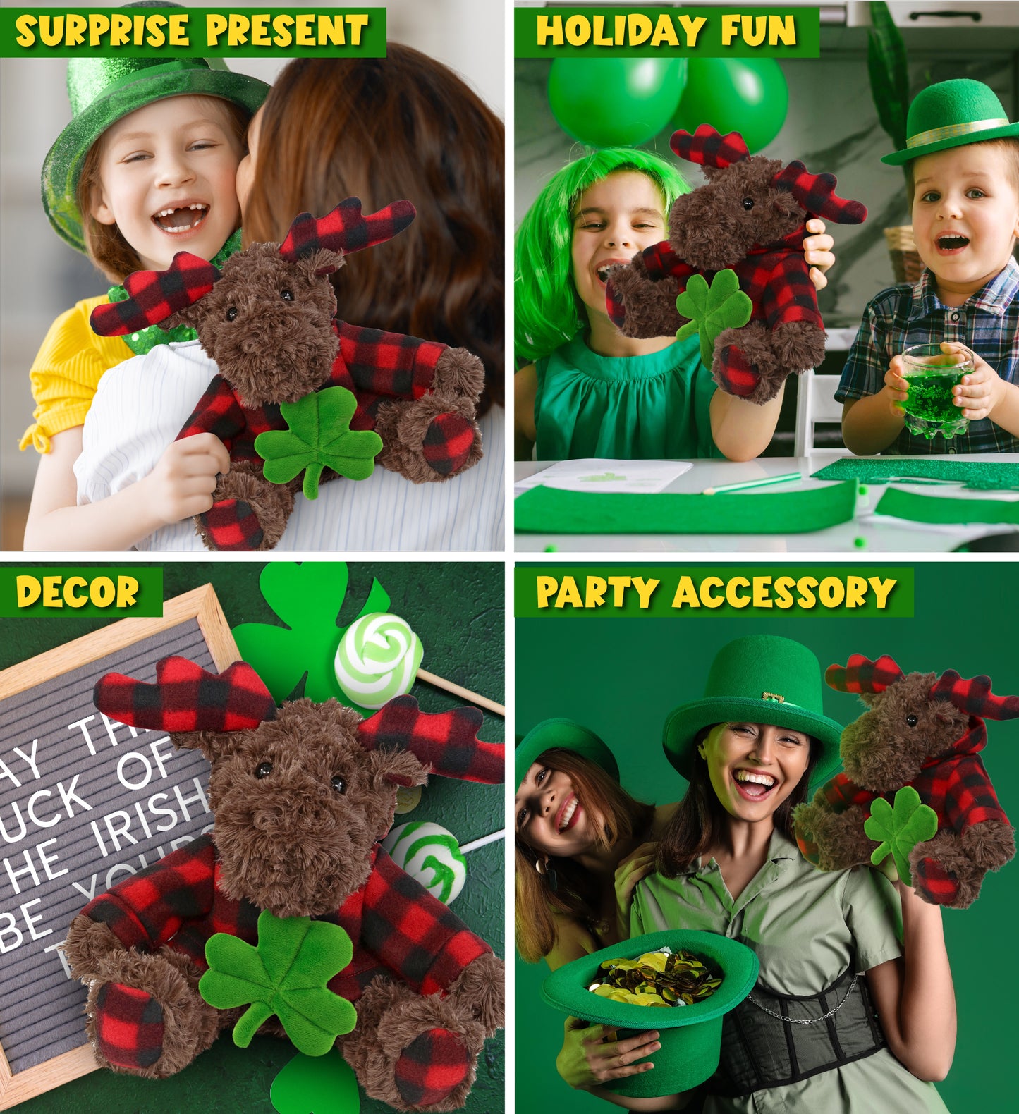 DolliBu Curly Moose with Red Plaid Hoodie with Green Plush Shamrock - 10 Inches