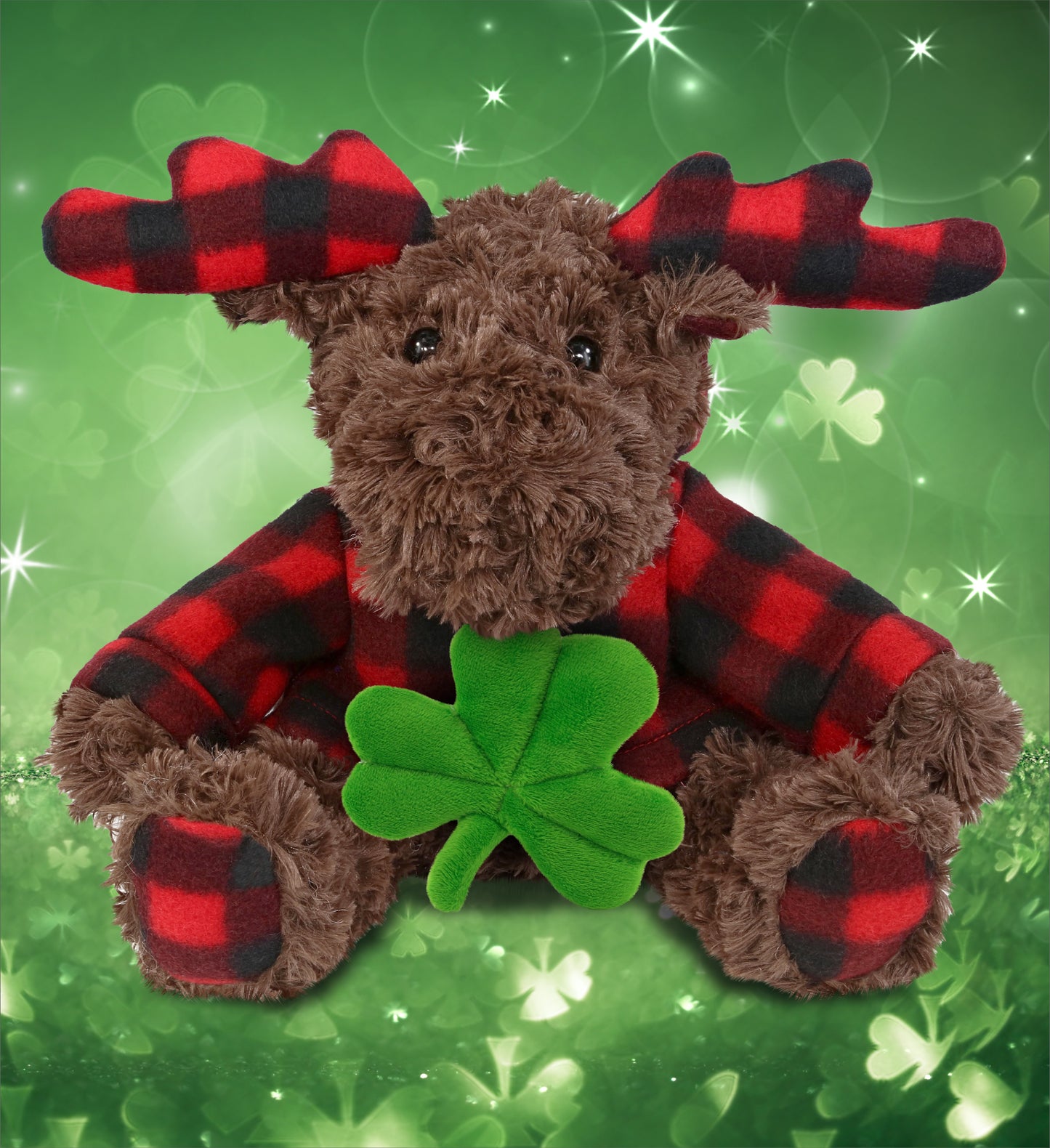 DolliBu Curly Moose with Red Plaid Hoodie with Green Plush Shamrock - 10 Inches