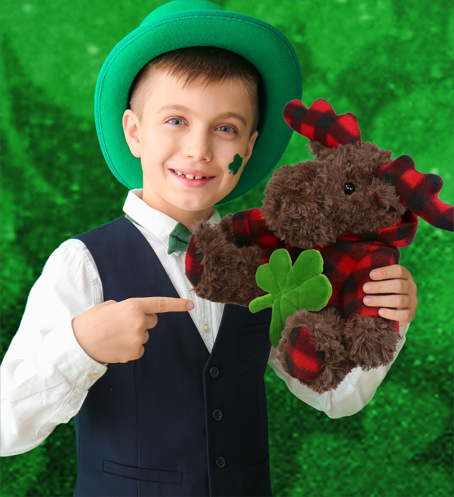 DolliBu Curly Moose with Red Plaid Hoodie with Green Plush Shamrock - 10 Inches