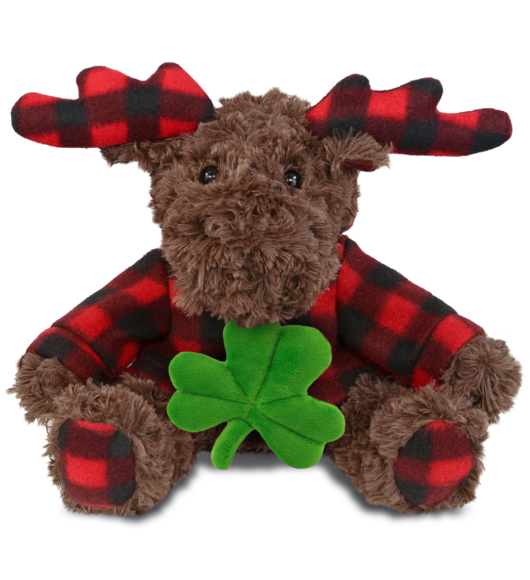DolliBu Curly Moose with Red Plaid Hoodie with Green Plush Shamrock - 10 Inches