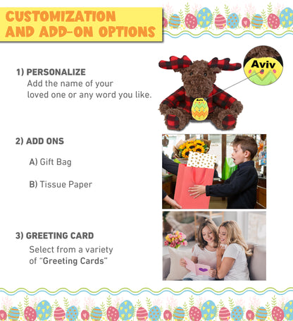 DolliBu Plaid Curly Moose with Hoodie and Yellow Easter Egg Plush - 10 Inches