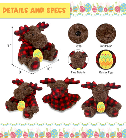 DolliBu Plaid Curly Moose with Hoodie and Yellow Easter Egg Plush - 10 Inches