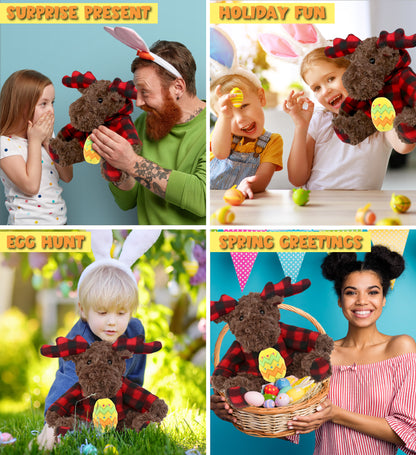 DolliBu Plaid Curly Moose with Hoodie and Yellow Easter Egg Plush - 10 Inches