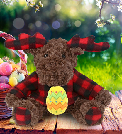DolliBu Plaid Curly Moose with Hoodie and Yellow Easter Egg Plush - 10 Inches
