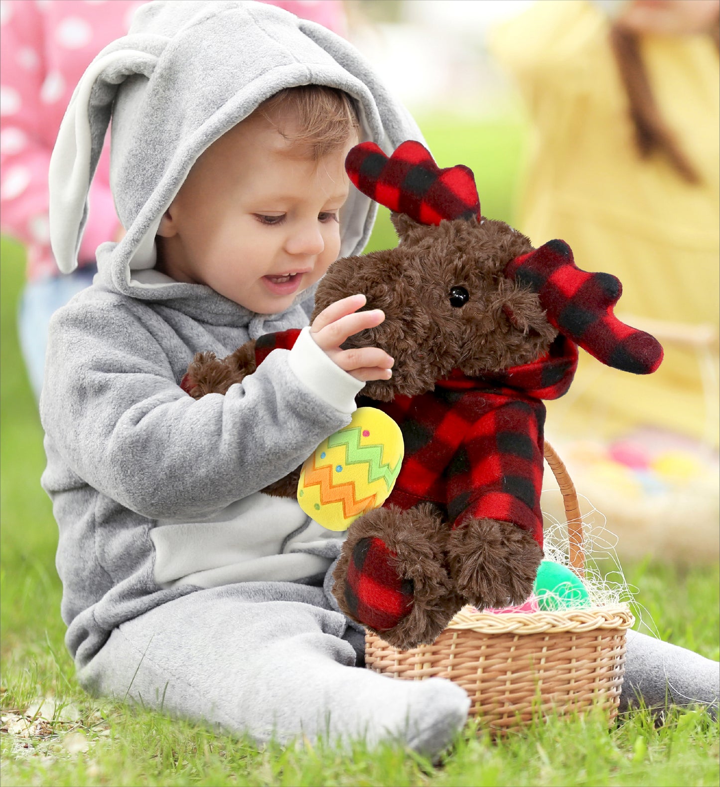 DolliBu Plaid Curly Moose with Hoodie and Yellow Easter Egg Plush - 10 Inches
