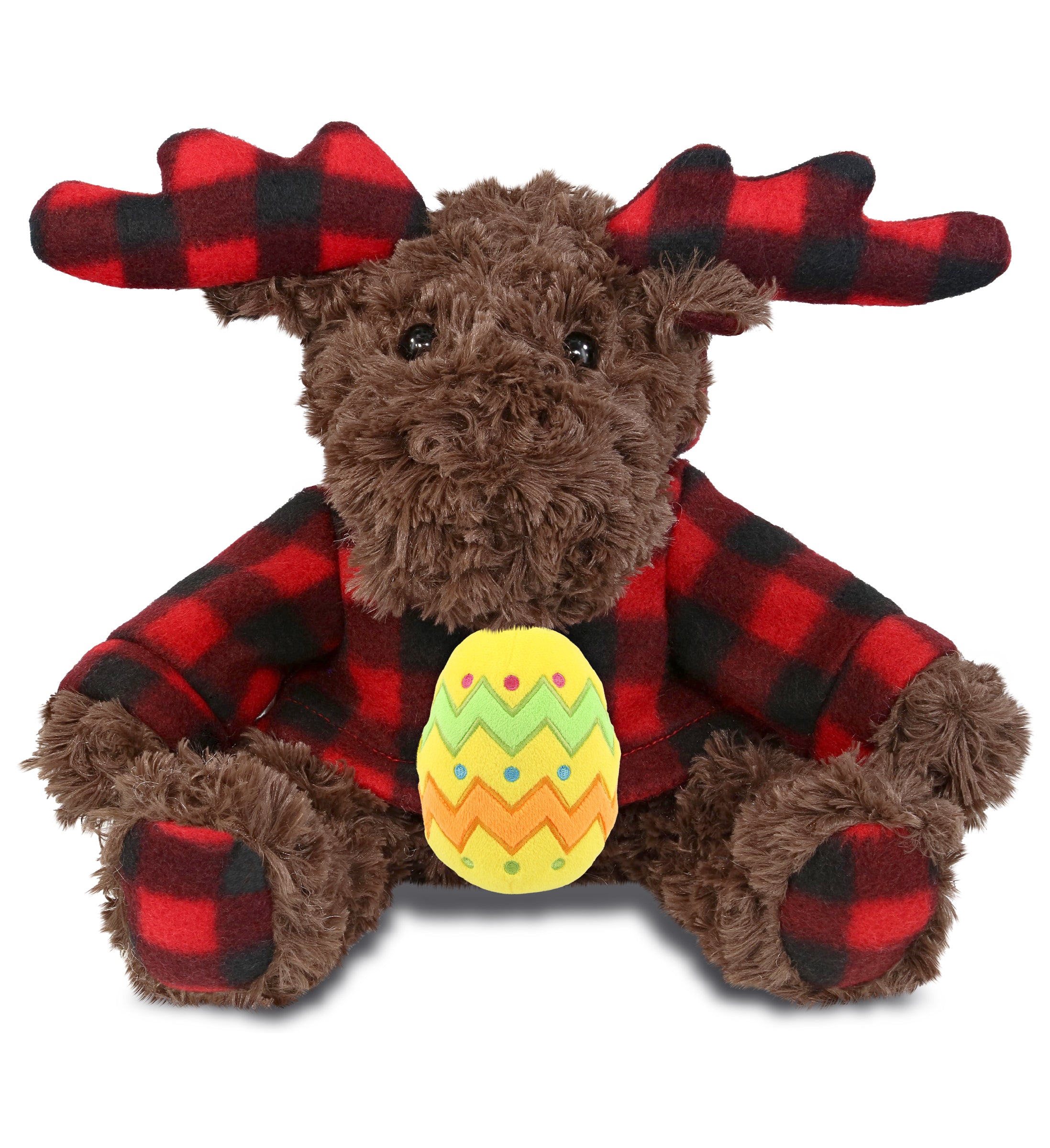 DolliBu Plaid Curly Moose with Hoodie and Yellow Easter Egg Plush - 10 Inches
