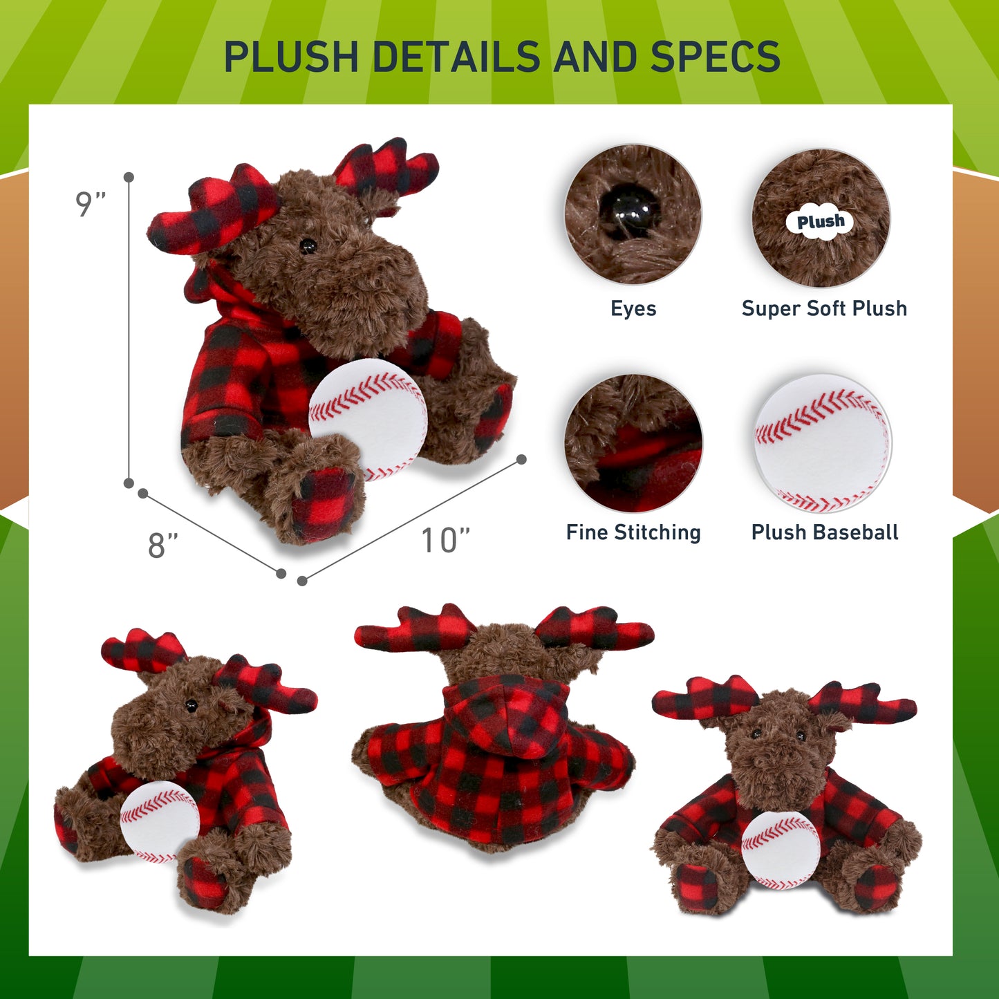 SUPER SOFT PLUSH - PLAID CURLY MOOSE WITH HOODIE with Baseball Plush