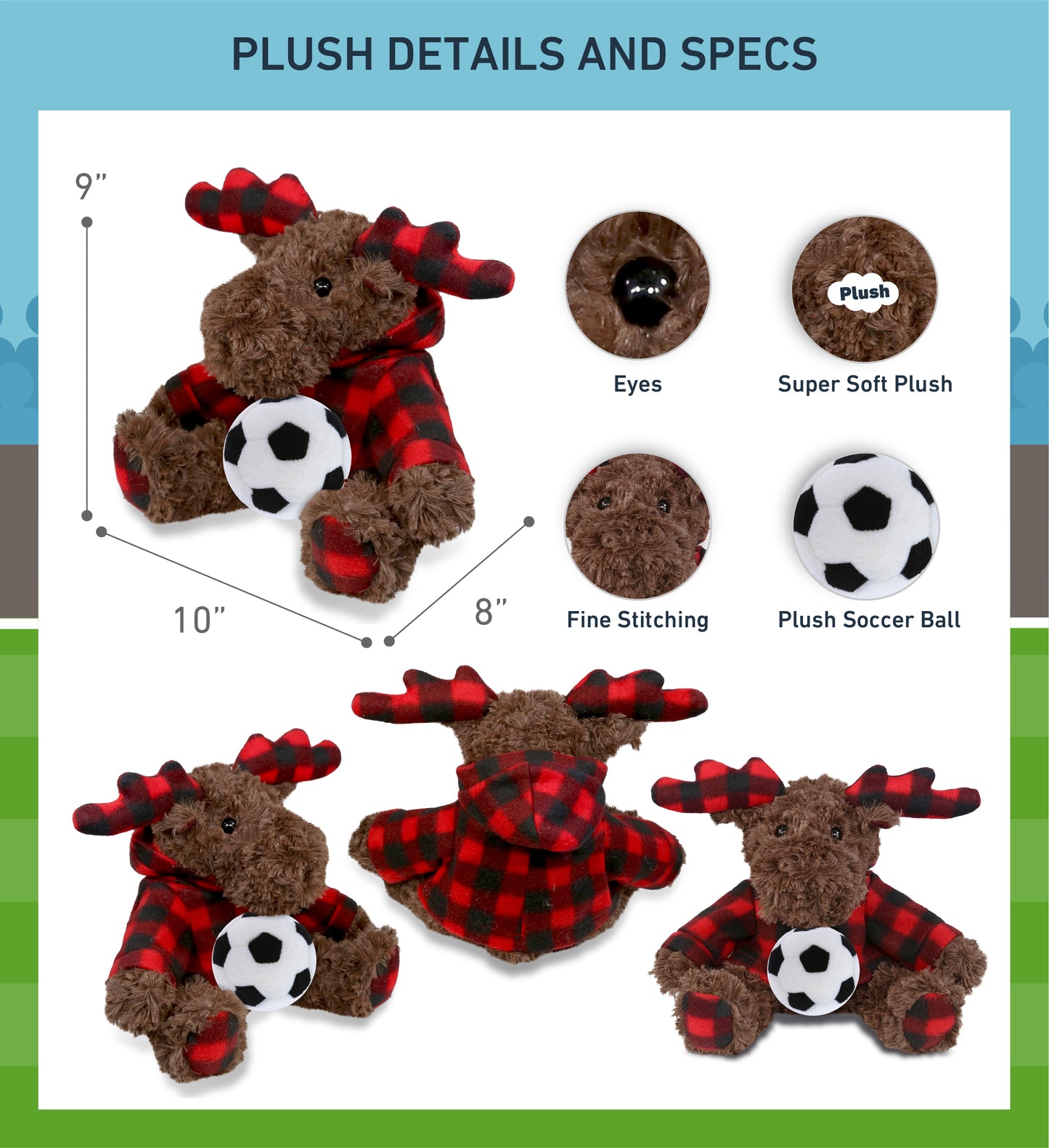 SUPER SOFT PLUSH - PLAID CURLY MOOSE WITH HOODIE with Soccer Plush
