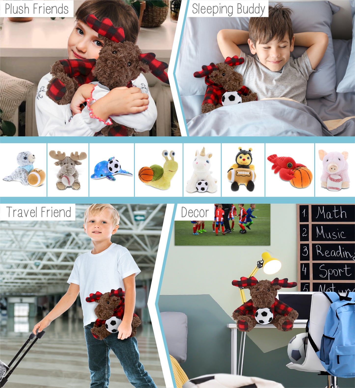 SUPER SOFT PLUSH - PLAID CURLY MOOSE WITH HOODIE with Soccer Plush
