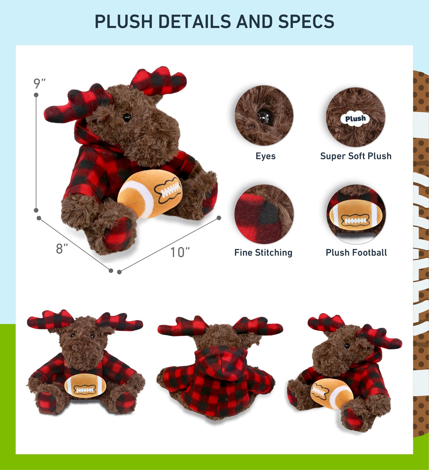 SUPER SOFT PLUSH - PLAID CURLY MOOSE WITH HOODIE with Football Plush