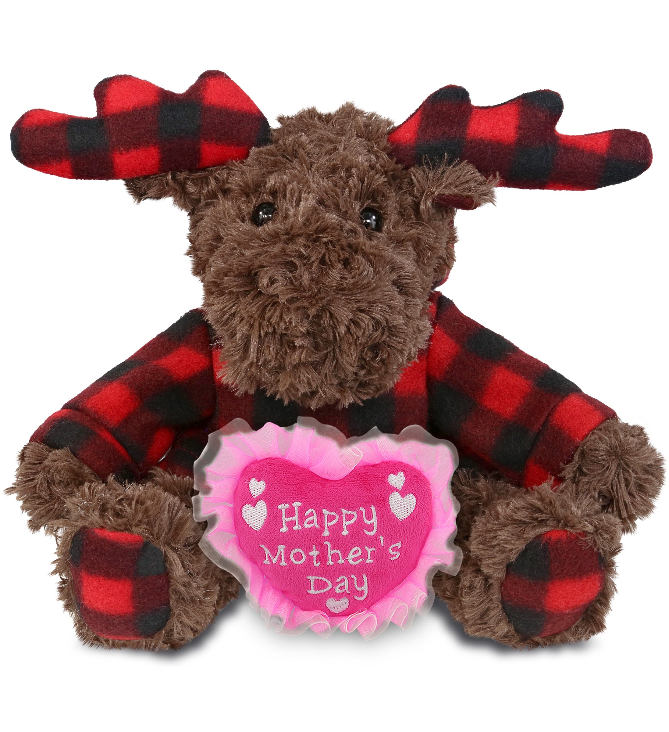 PLUSH MOTHERS DAY HEART - SUPER SOFT PLUSH - PLAID CURLY MOOSE WITH HOODIE