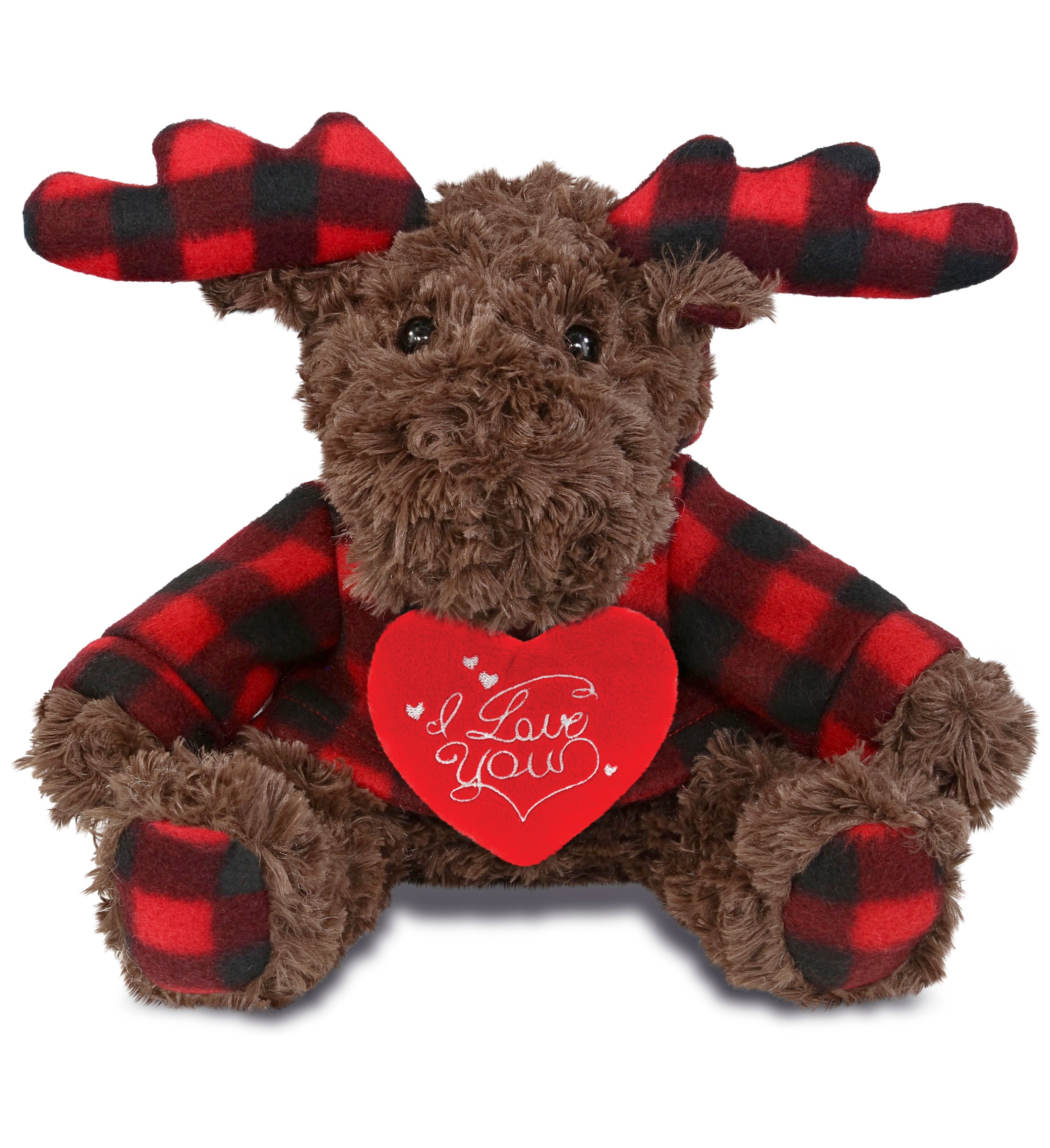 PLUSH I LOVE YOU RED HEART - SUPER SOFT PLUSH - PLAID CURLY MOOSE WITH HOODIE