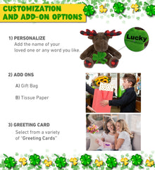 DolliBu Plaid Brown Moose Stuffed Animal with Green Plush Shamrock - 10 Inches