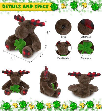 DolliBu Plaid Brown Moose Stuffed Animal with Green Plush Shamrock - 10 Inches
