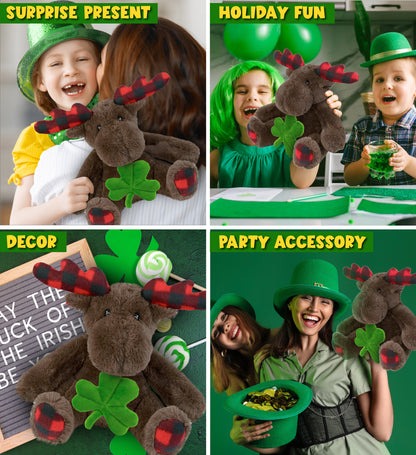 DolliBu Plaid Brown Moose Stuffed Animal with Green Plush Shamrock - 10 Inches