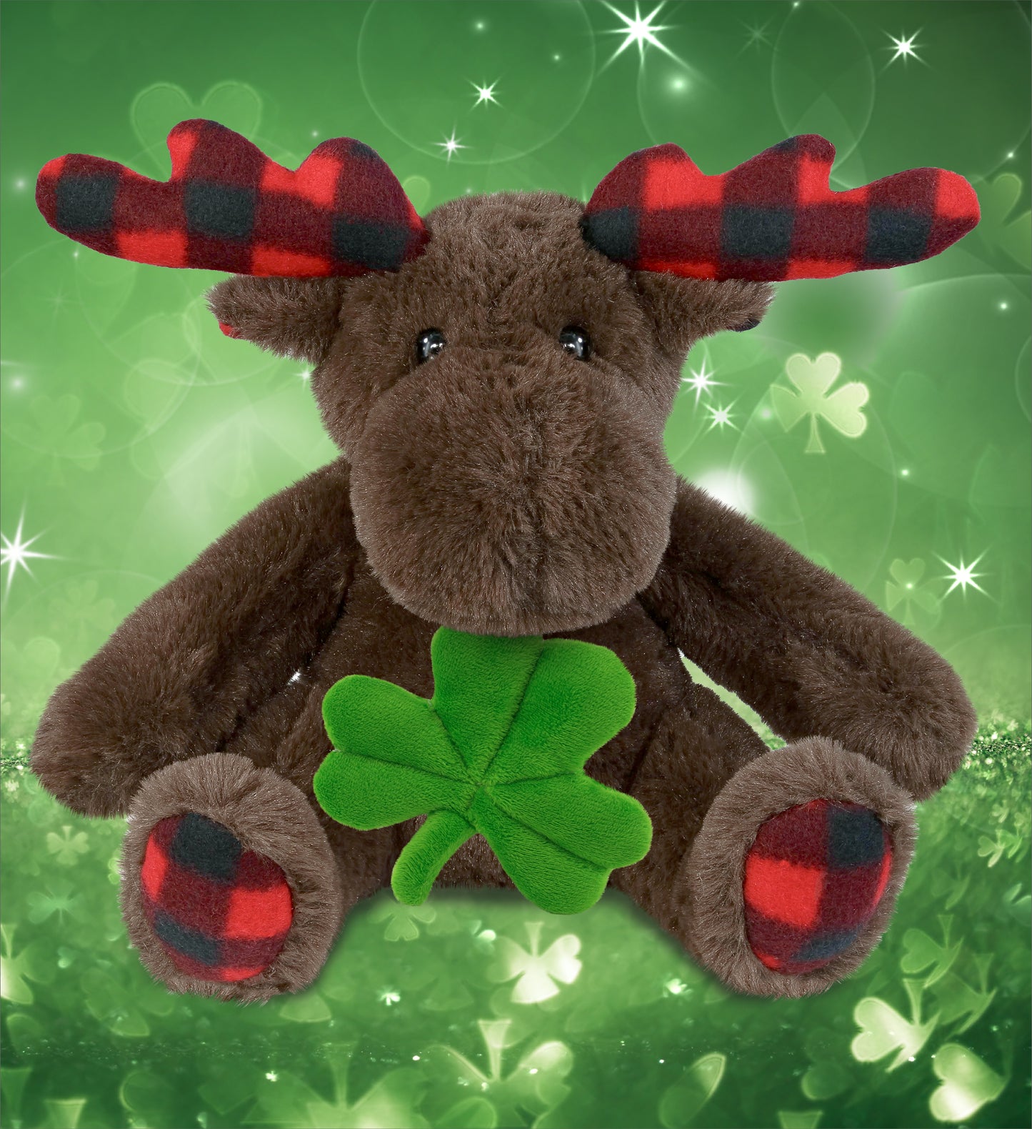DolliBu Plaid Brown Moose Stuffed Animal with Green Plush Shamrock - 10 Inches
