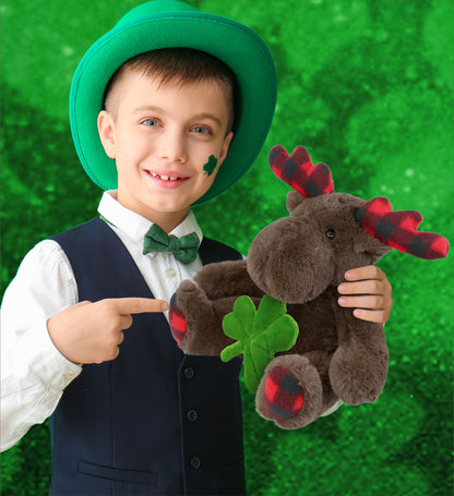 DolliBu Plaid Brown Moose Stuffed Animal with Green Plush Shamrock - 10 Inches