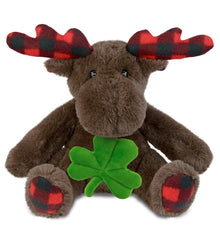 DolliBu Plaid Brown Moose Stuffed Animal with Green Plush Shamrock - 10 Inches