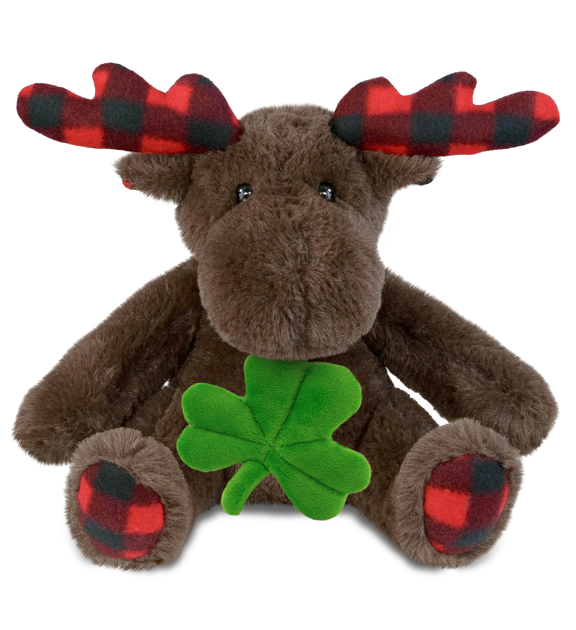 DolliBu Plaid Brown Moose Stuffed Animal with Green Plush Shamrock - 10 Inches