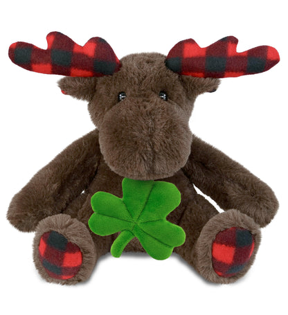 DolliBu Plaid Brown Moose Stuffed Animal with Green Plush Shamrock - 10 Inches