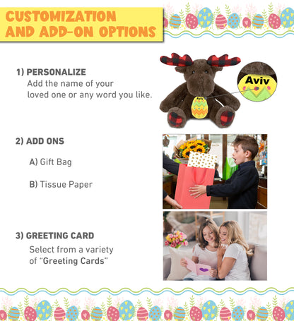 DolliBu Super Soft Plaid Brown Moose with Yellow Easter Egg Plush - 10 Inches