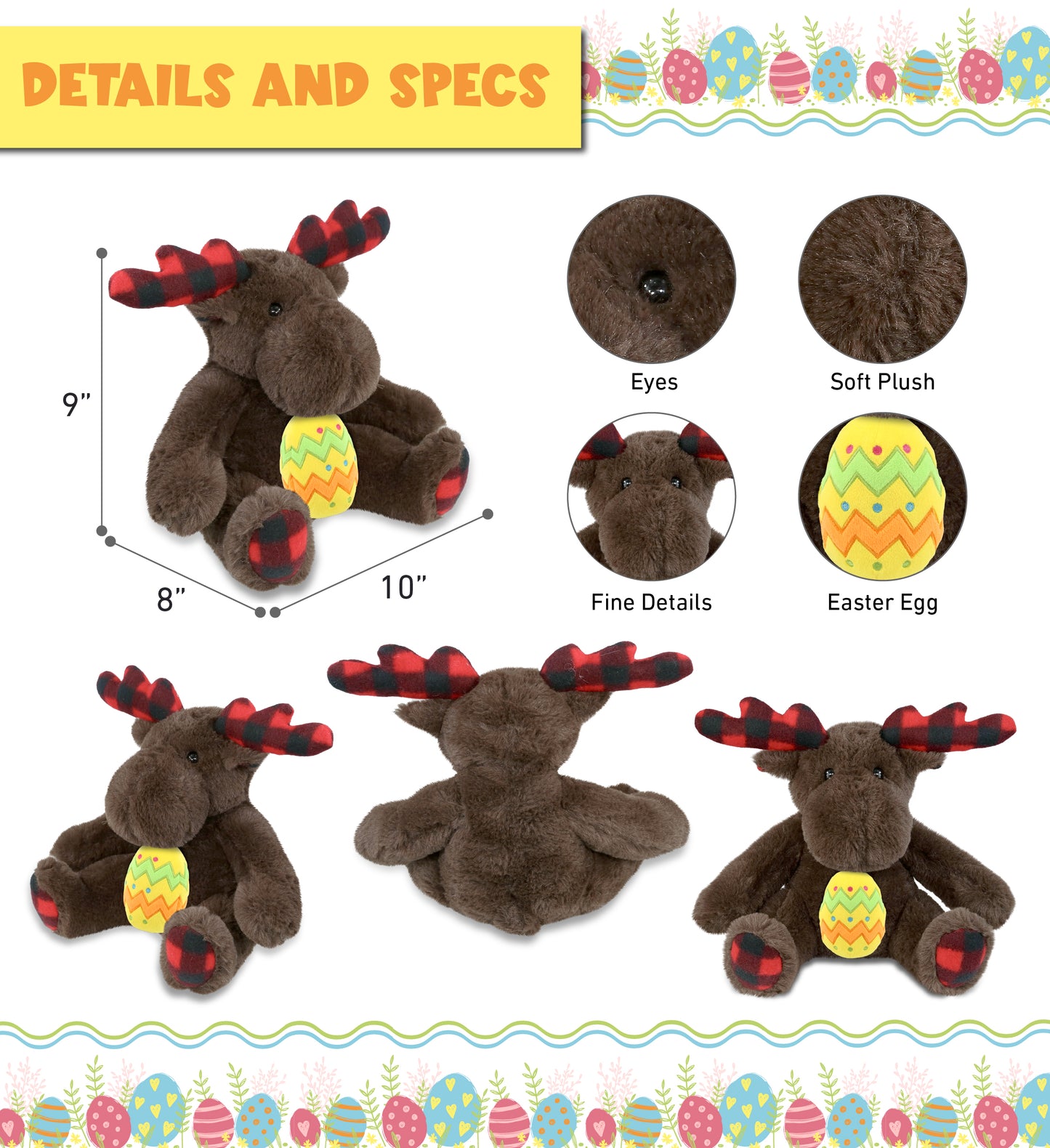 DolliBu Super Soft Plaid Brown Moose with Yellow Easter Egg Plush - 10 Inches