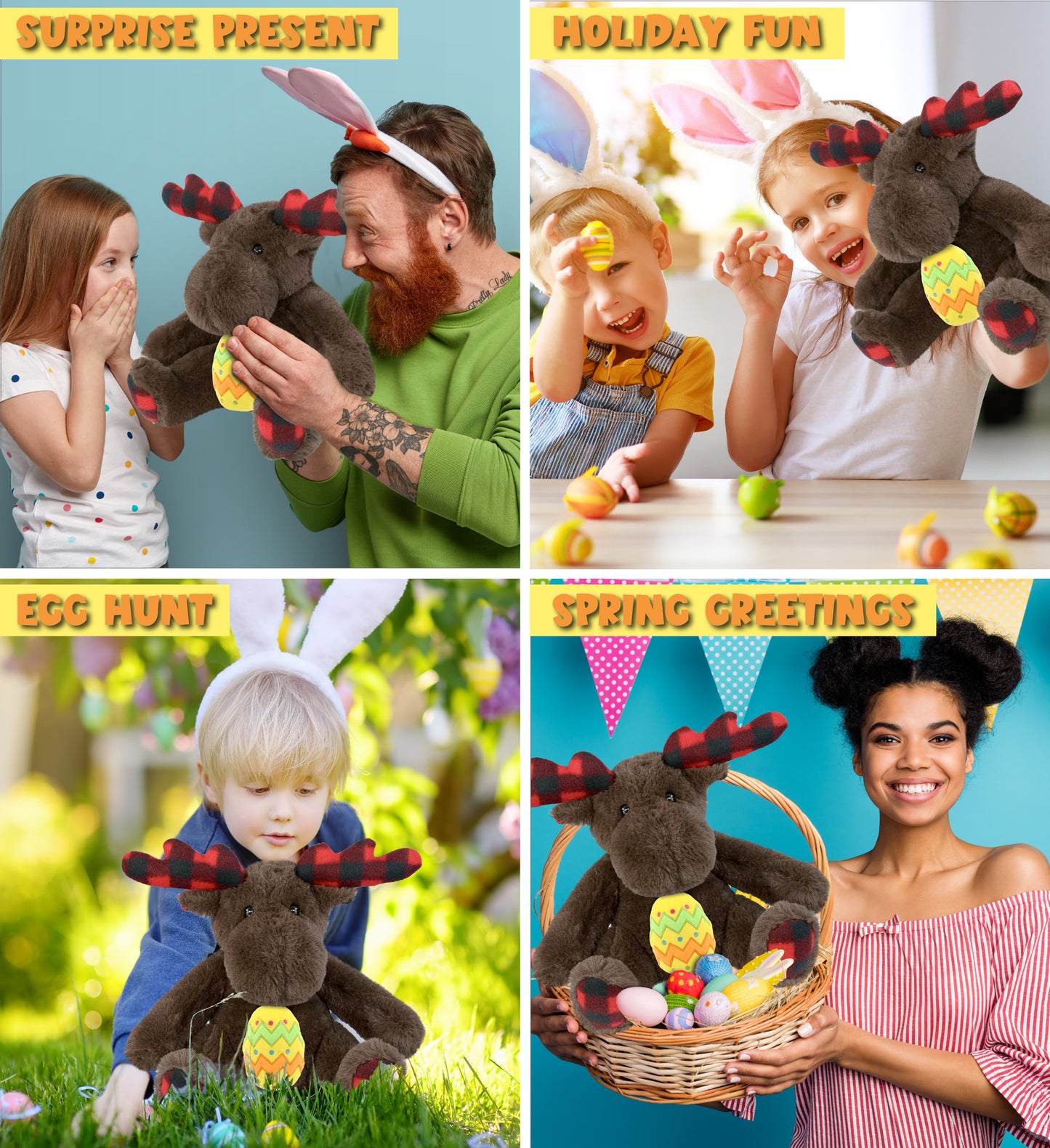 DolliBu Super Soft Plaid Brown Moose with Yellow Easter Egg Plush - 10 Inches
