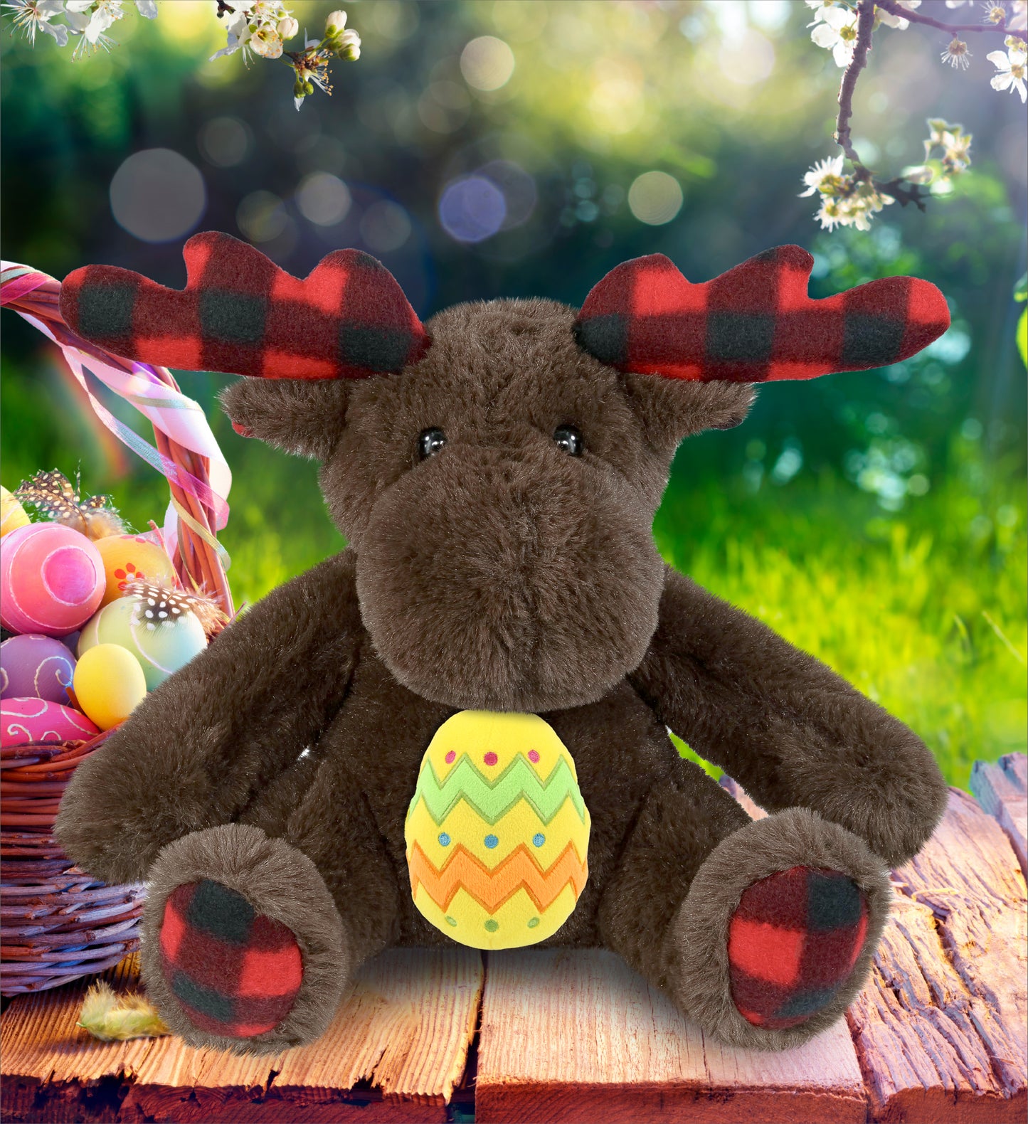 DolliBu Super Soft Plaid Brown Moose with Yellow Easter Egg Plush - 10 Inches