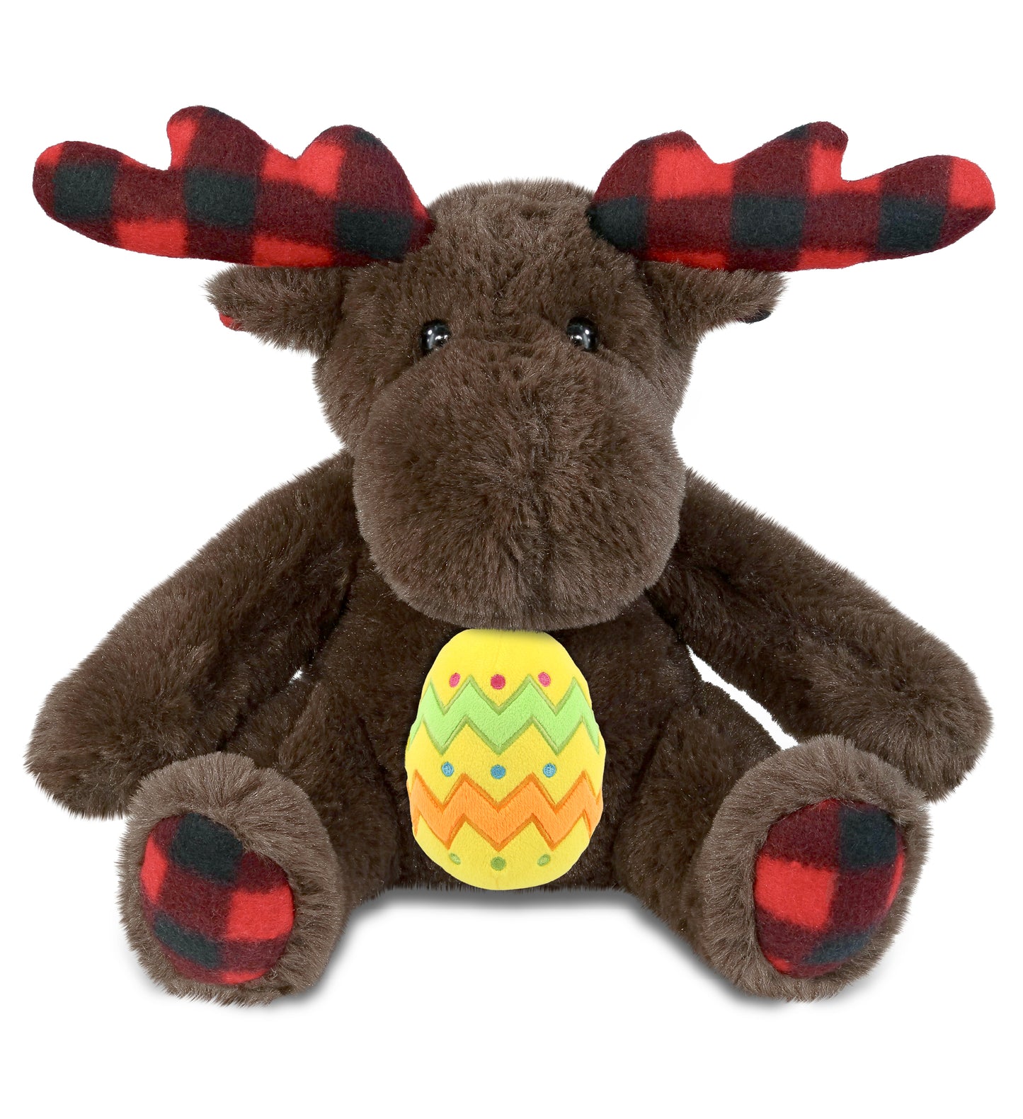 DolliBu Super Soft Plaid Brown Moose with Yellow Easter Egg Plush - 10 Inches