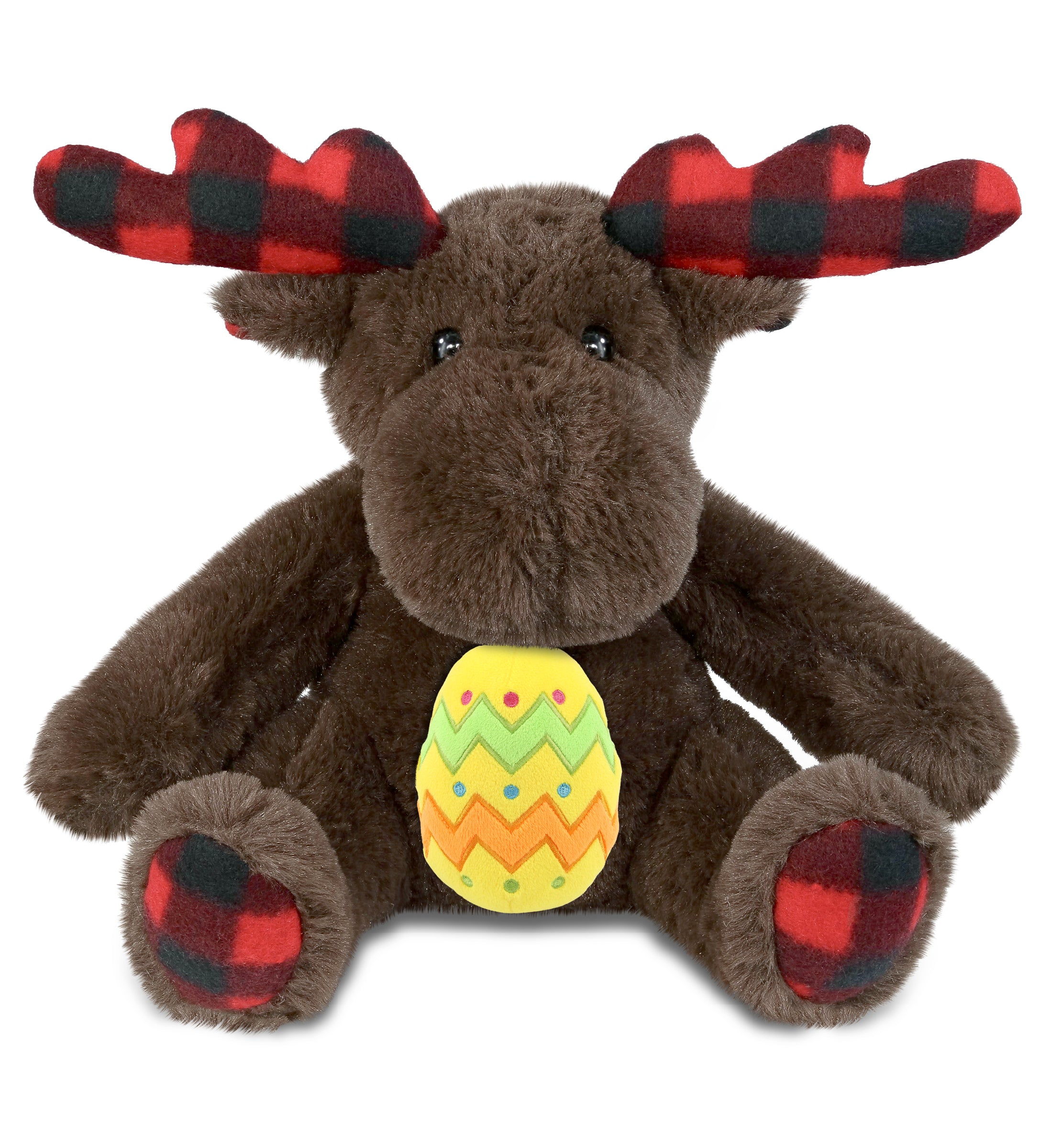 DolliBu Super Soft Plaid Brown Moose with Yellow Easter Egg Plush - 10 Inches