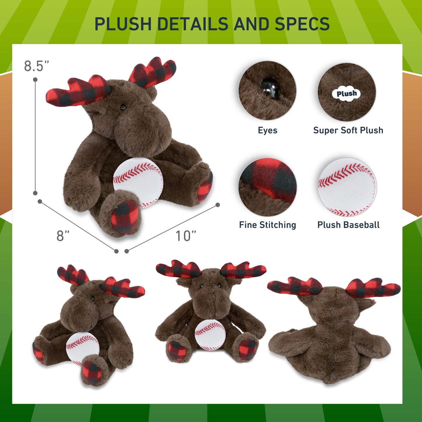 SUPER SOFT PLUSH - PLAID BROWN MOOSE with Baseball Plush