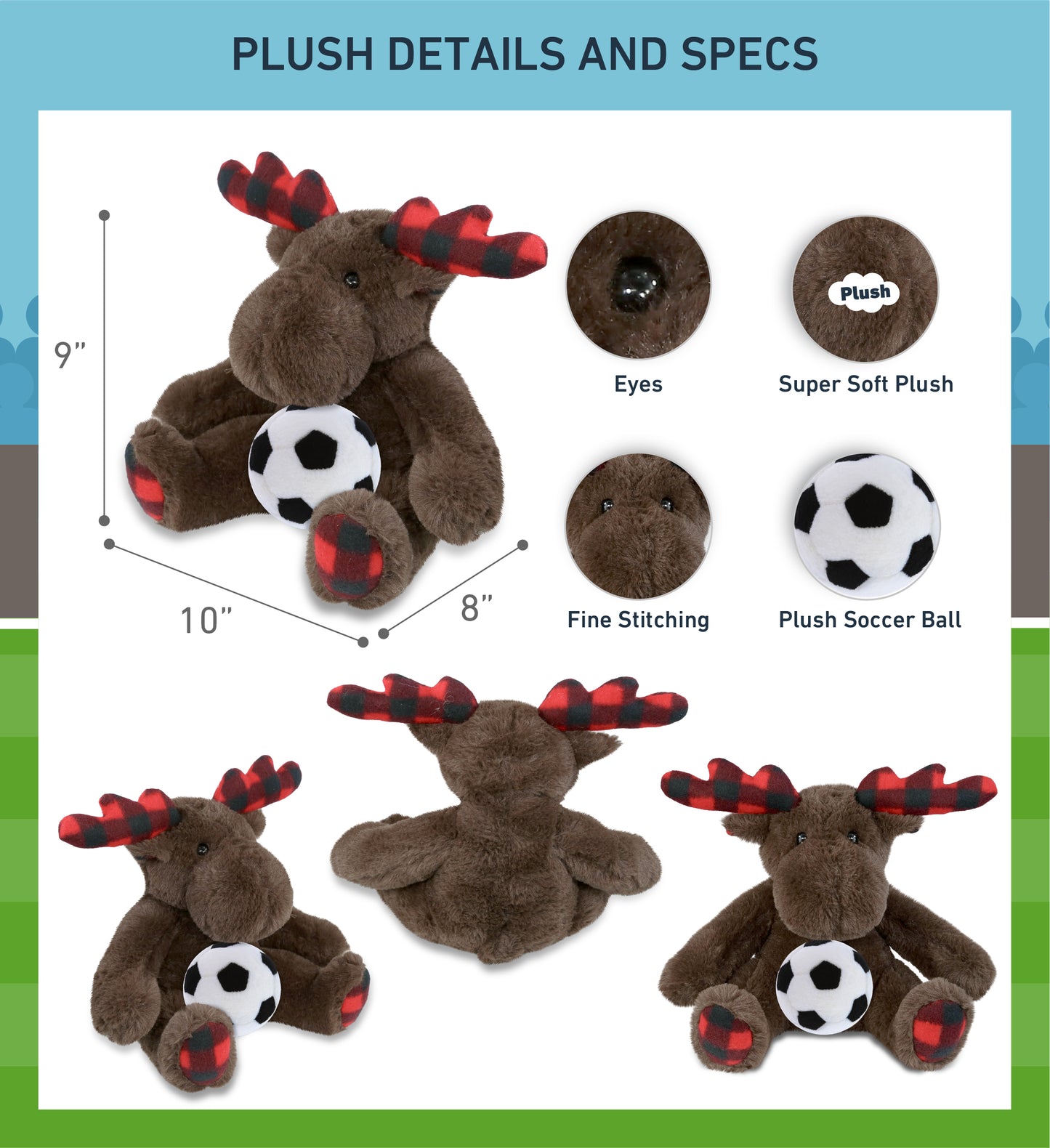 SUPER SOFT PLUSH - PLAID BROWN MOOSE with Soccer Plush