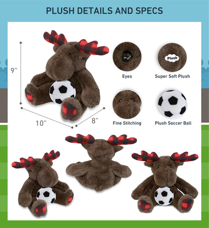 SUPER SOFT PLUSH - PLAID BROWN MOOSE with Soccer Plush