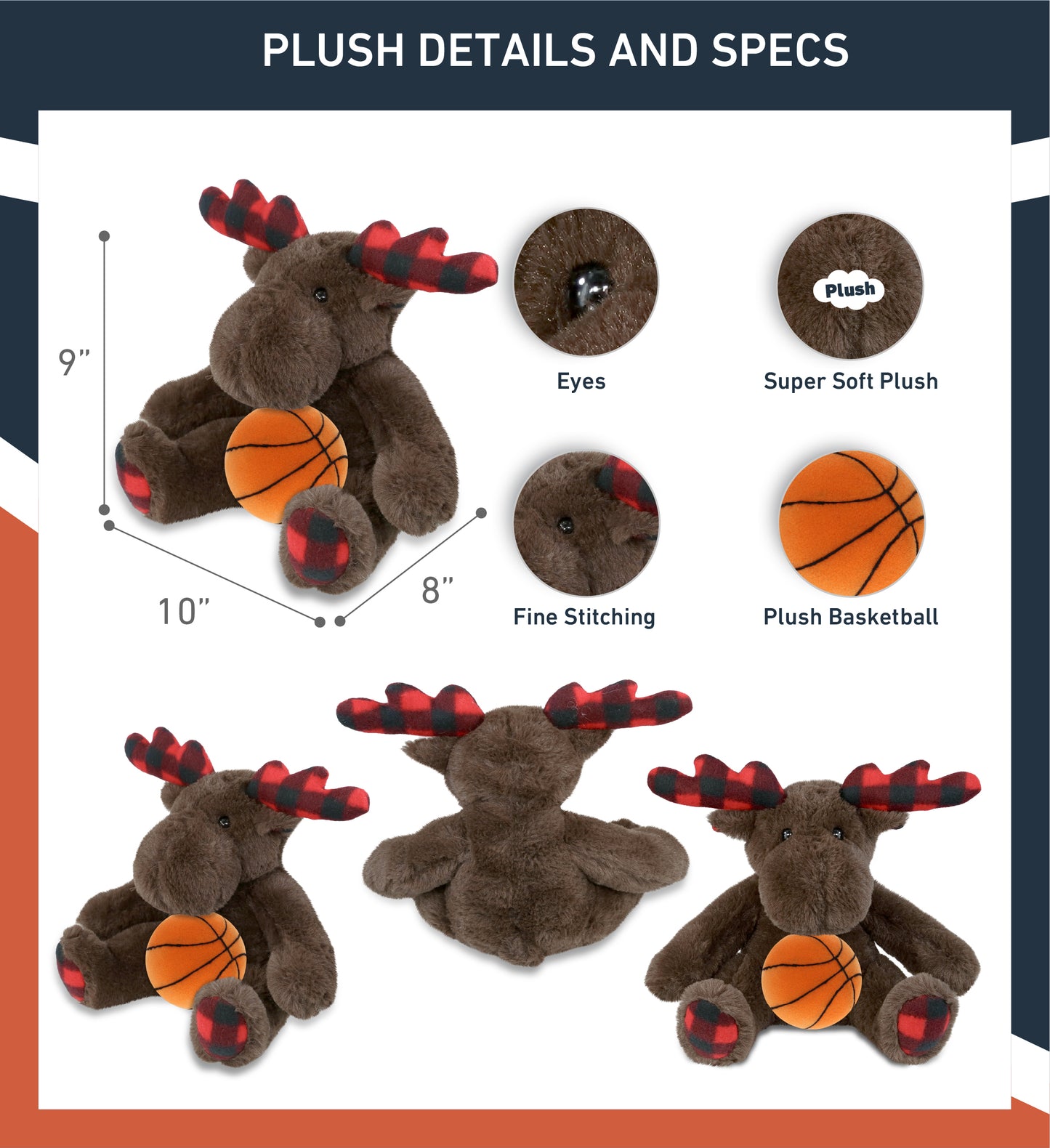 SUPER SOFT PLUSH - PLAID BROWN MOOSE with Basketball Plush