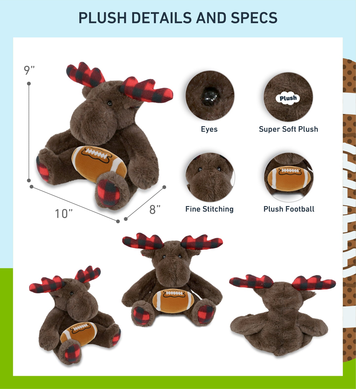 SUPER SOFT PLUSH - PLAID BROWN MOOSE with Football Plush
