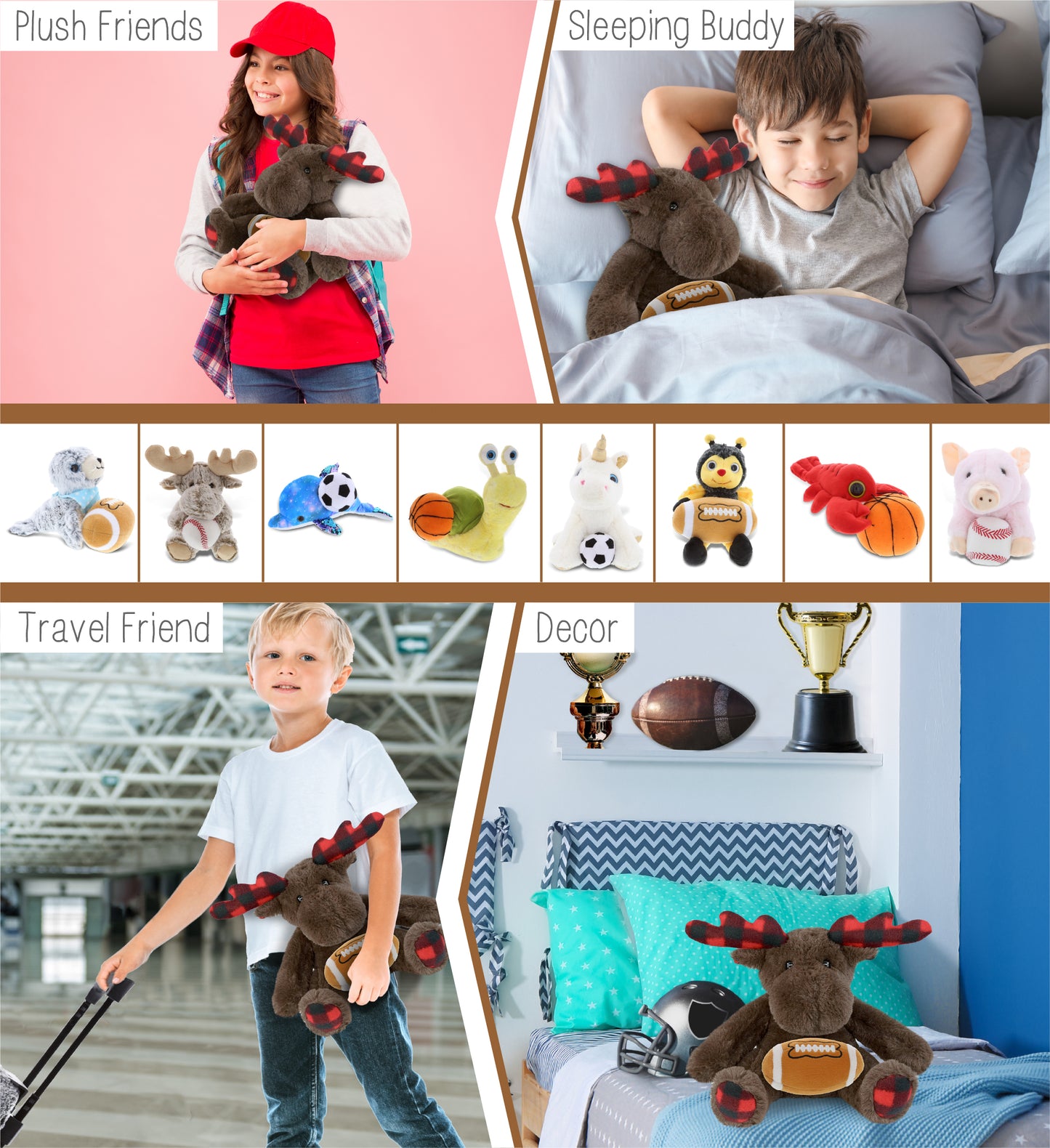 SUPER SOFT PLUSH - PLAID BROWN MOOSE with Football Plush