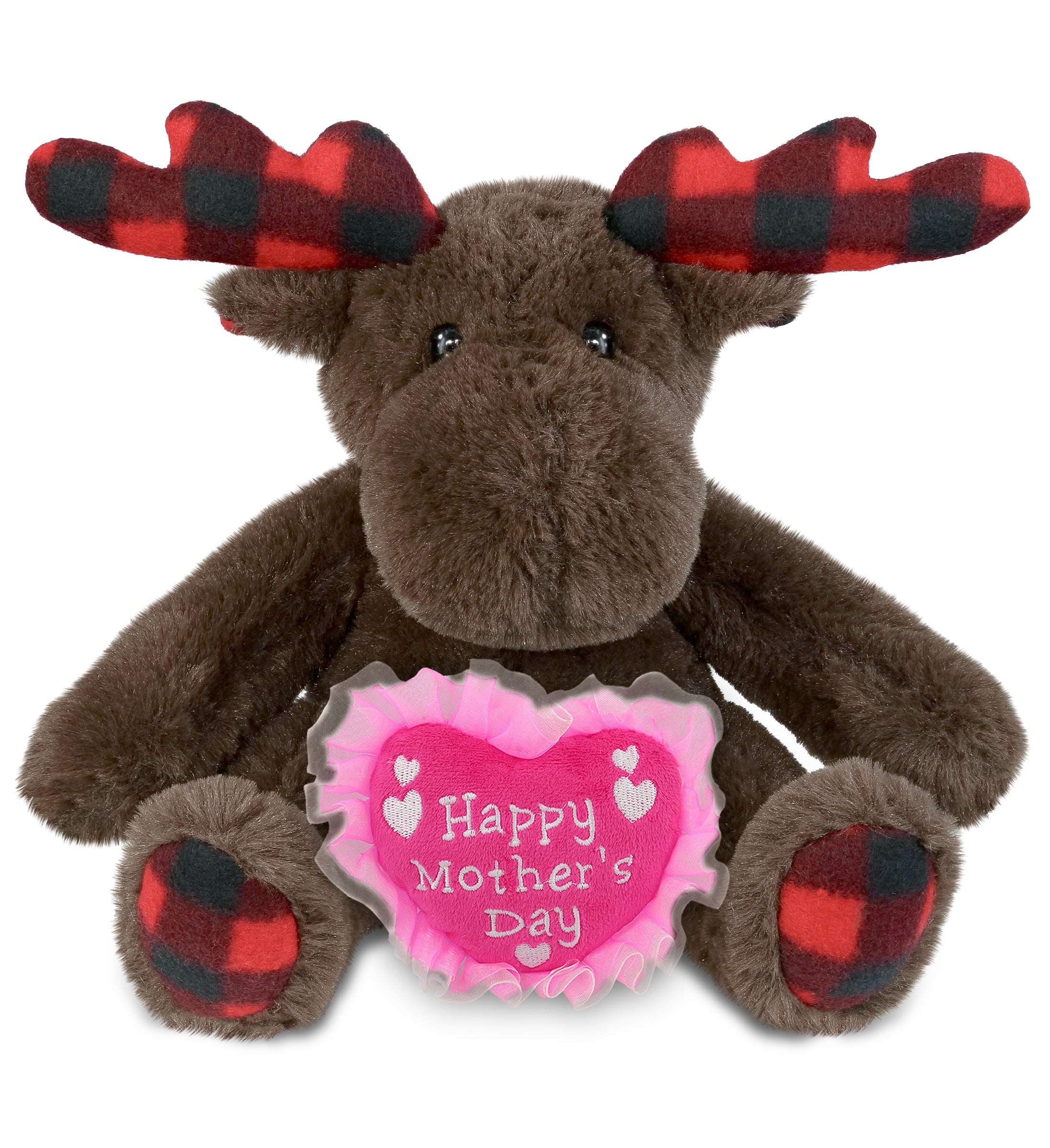PLUSH MOTHERS DAY HEART - SUPER SOFT PLUSH - PLAID BROWN MOOSE