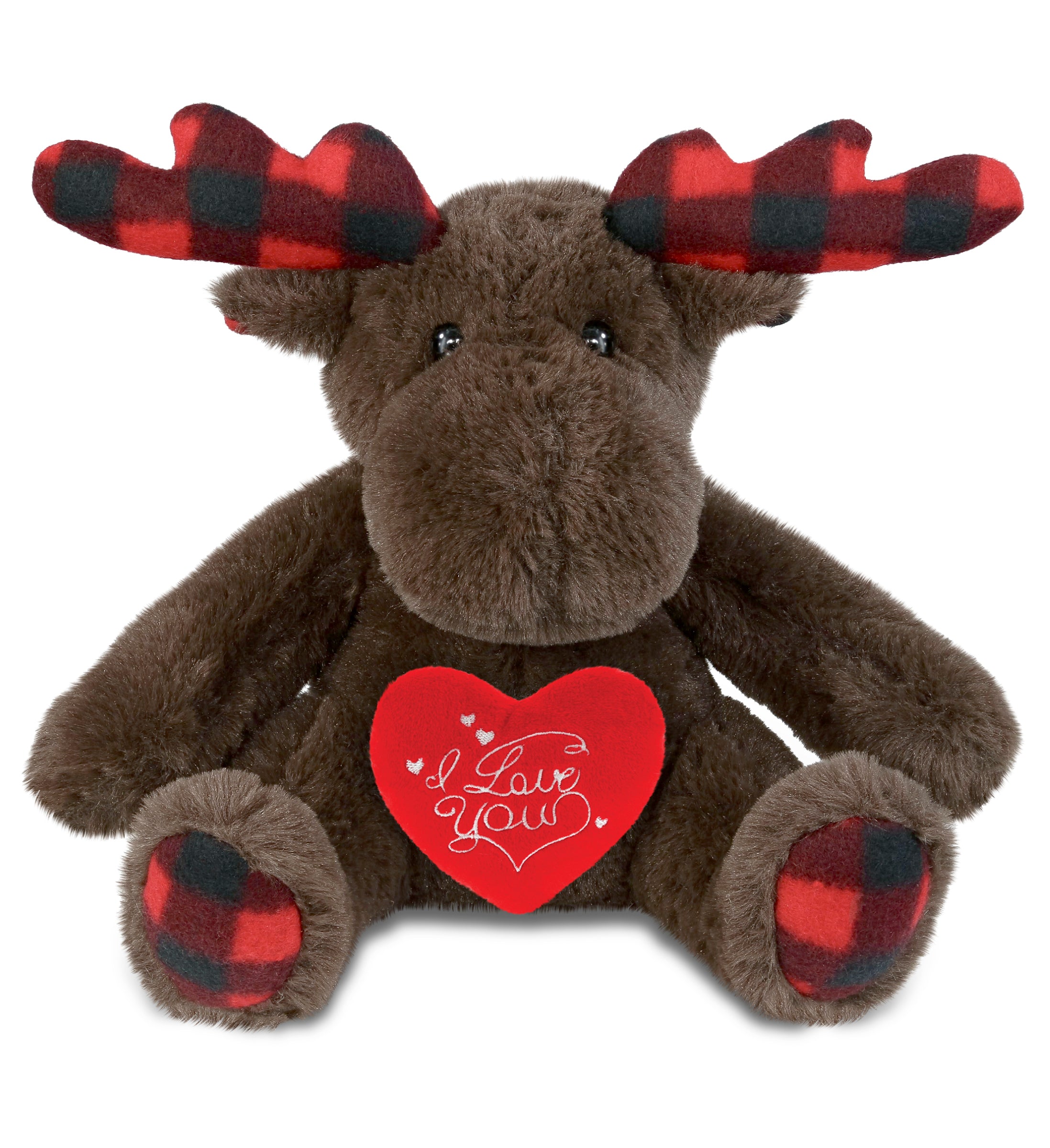 PLUSH I LOVE YOU RED HEART - SUPER SOFT PLUSH - PLAID BROWN MOOSE