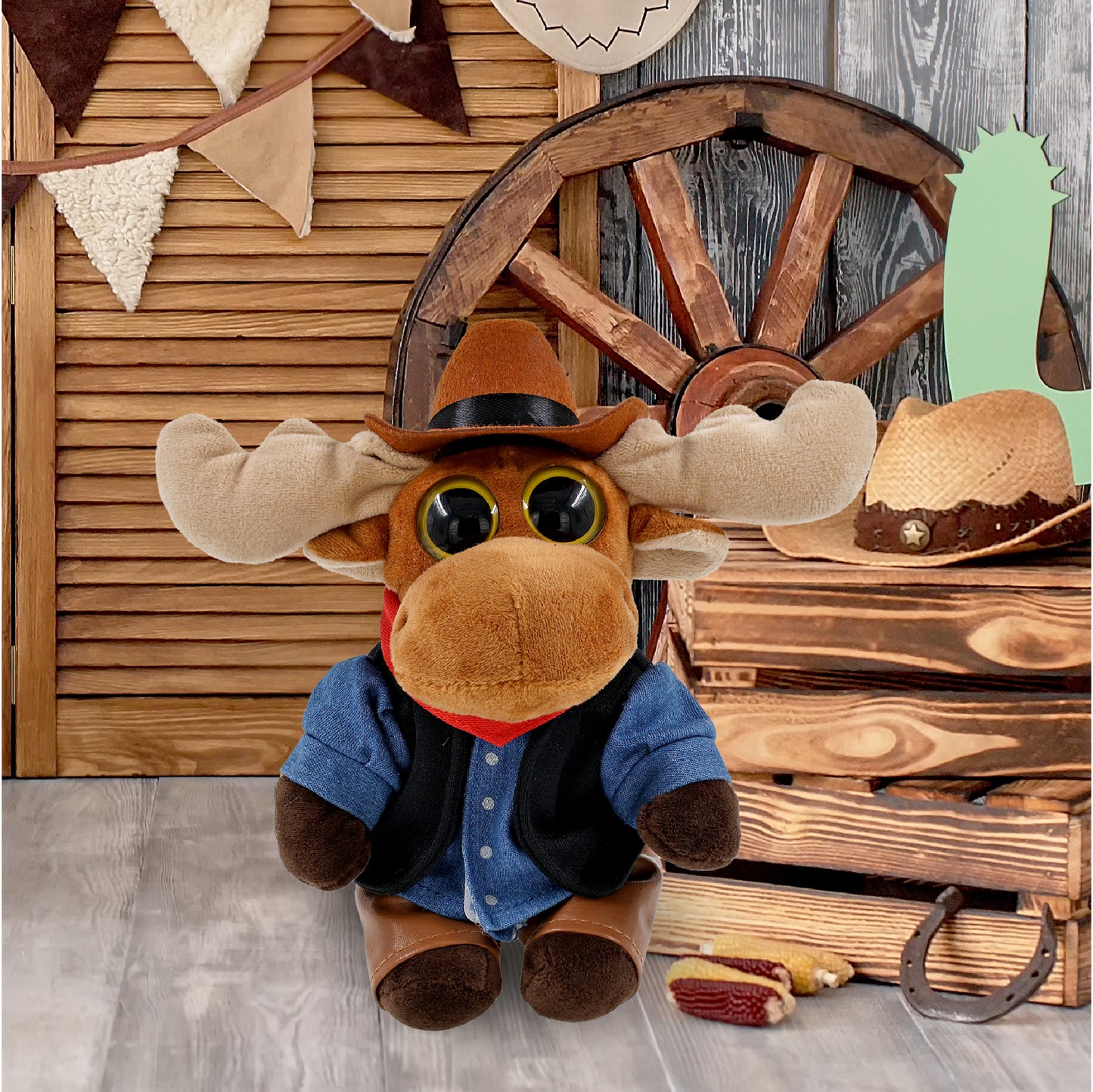 BIG EYE 6' PLUSH - MOOSE With COWBOY Dress Up