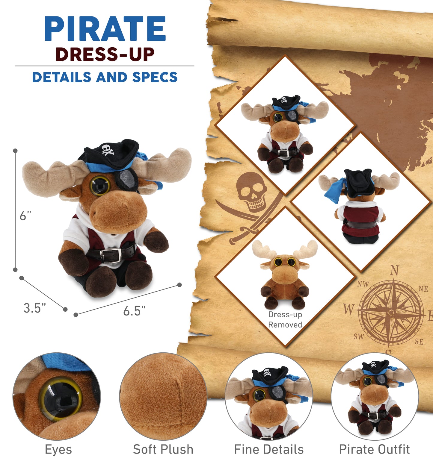 BIG EYE 6' PLUSH - MOOSE PIRATE DRESS UP