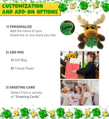 DolliBu Big Eyes Moose Stuffed Animal with Green Plush Shamrock - 6.5 Inches