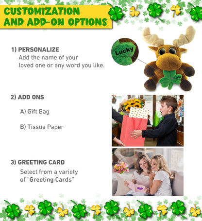 DolliBu Big Eyes Moose Stuffed Animal with Green Plush Shamrock - 6.5 Inches