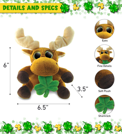DolliBu Big Eyes Moose Stuffed Animal with Green Plush Shamrock - 6.5 Inches