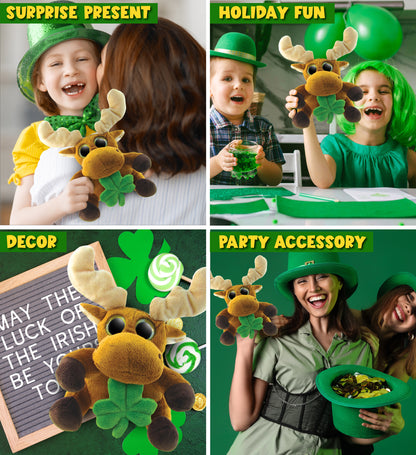 DolliBu Big Eyes Moose Stuffed Animal with Green Plush Shamrock - 6.5 Inches